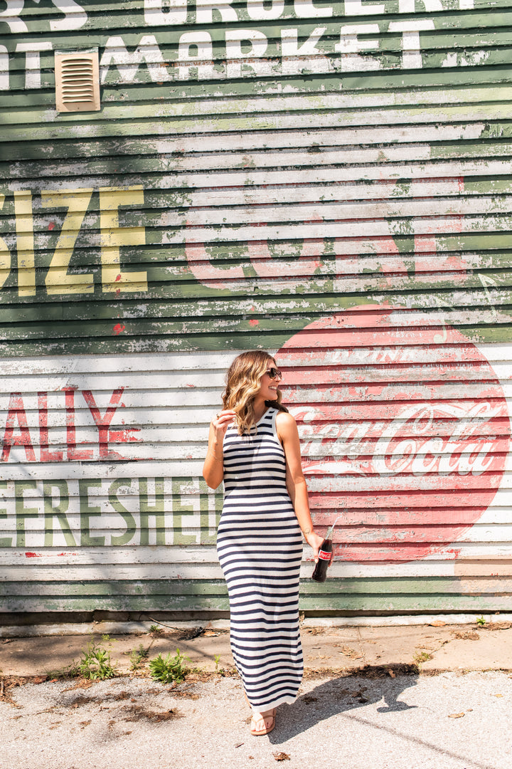 The Breezy Stripes Midi Dress - Navy/White