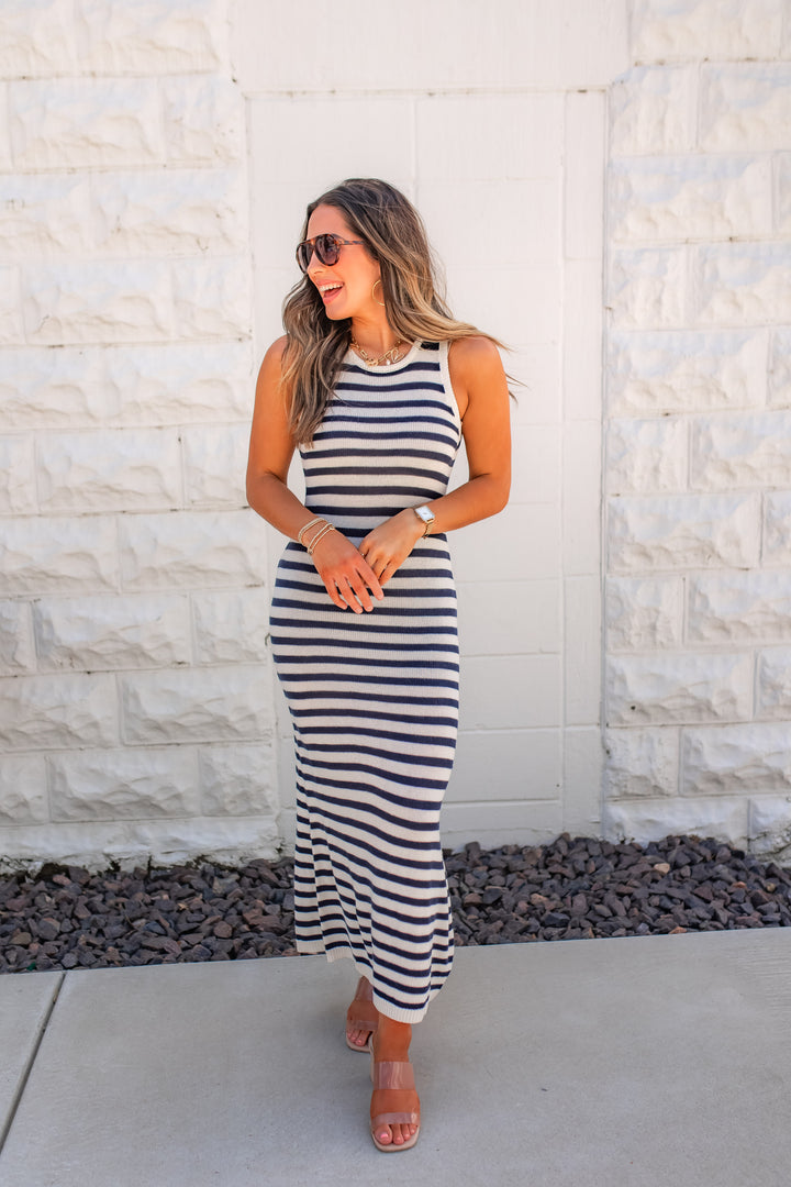 The Breezy Stripes Midi Dress - Navy/White