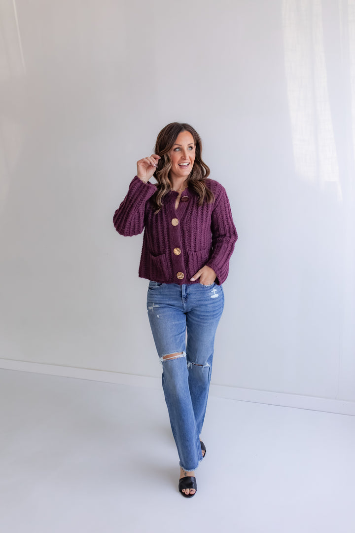 The Blair Chunky Knit Cardigan - Deep Purple