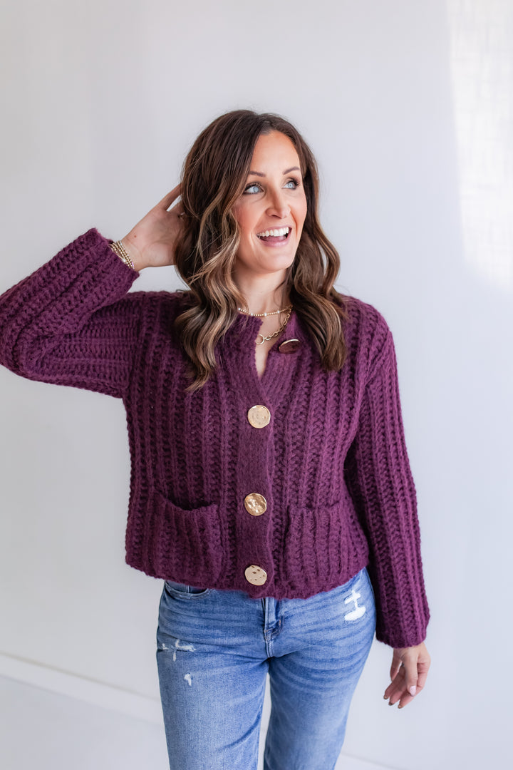 The Blair Chunky Knit Cardigan - Deep Purple