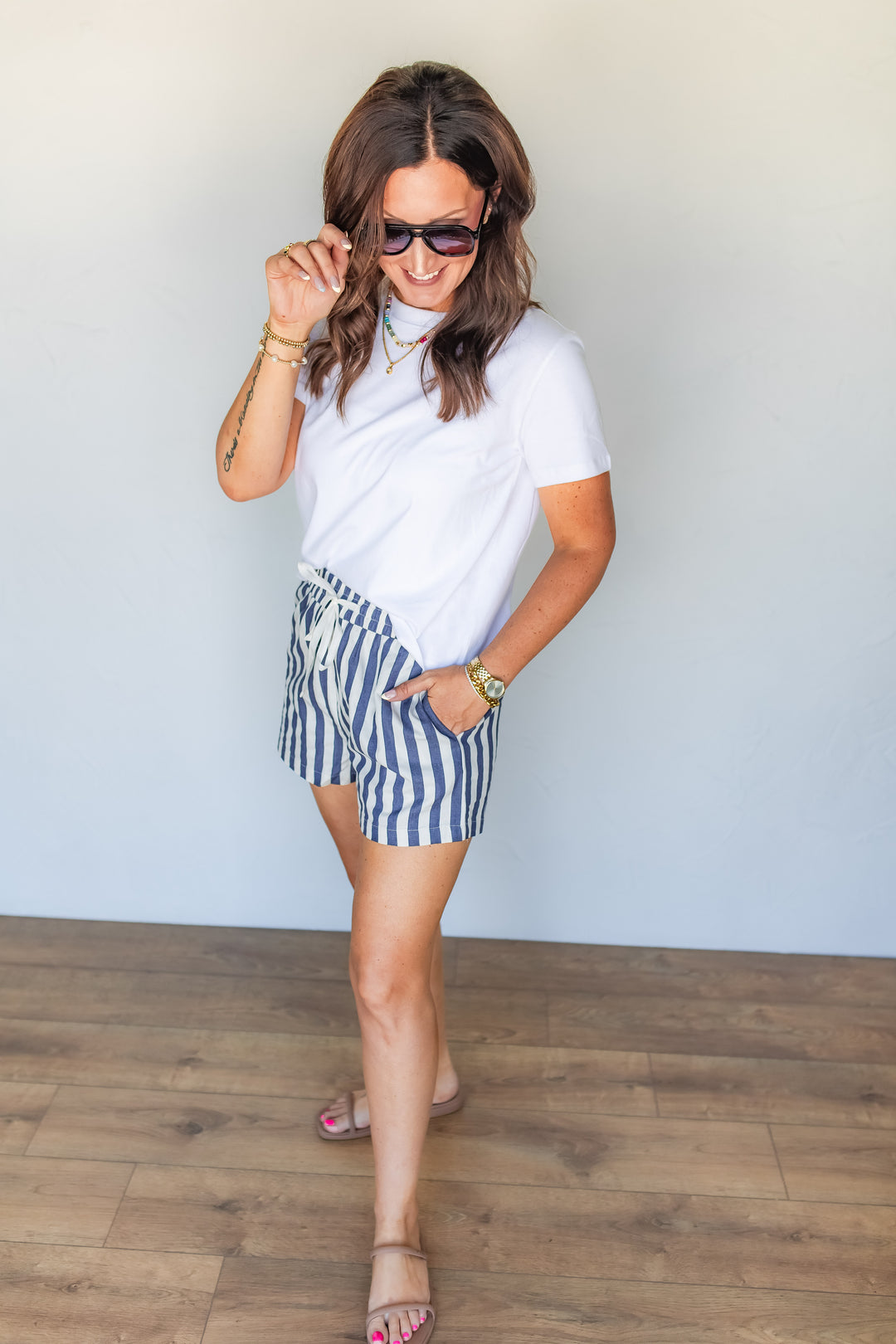 The Georgia Stripe Shorts - Navy - One Eleven Olive Boutique