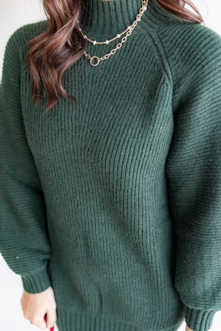 Holiday sweater dress in hunter green