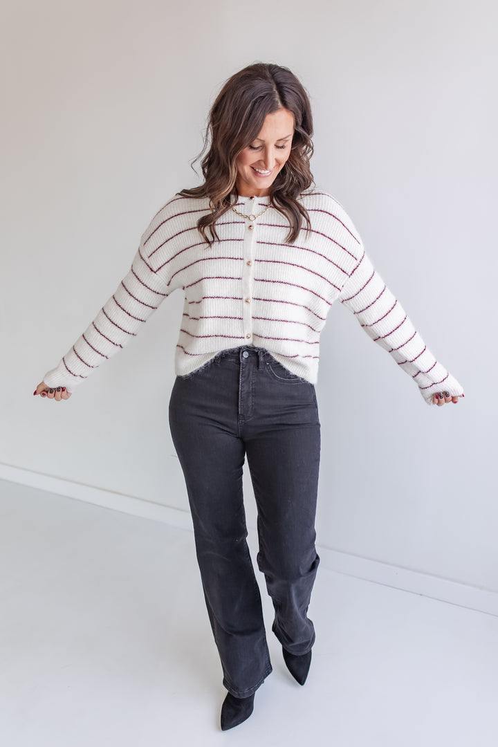 cream and wine stripe cardigna paired with black wide leg mica denim