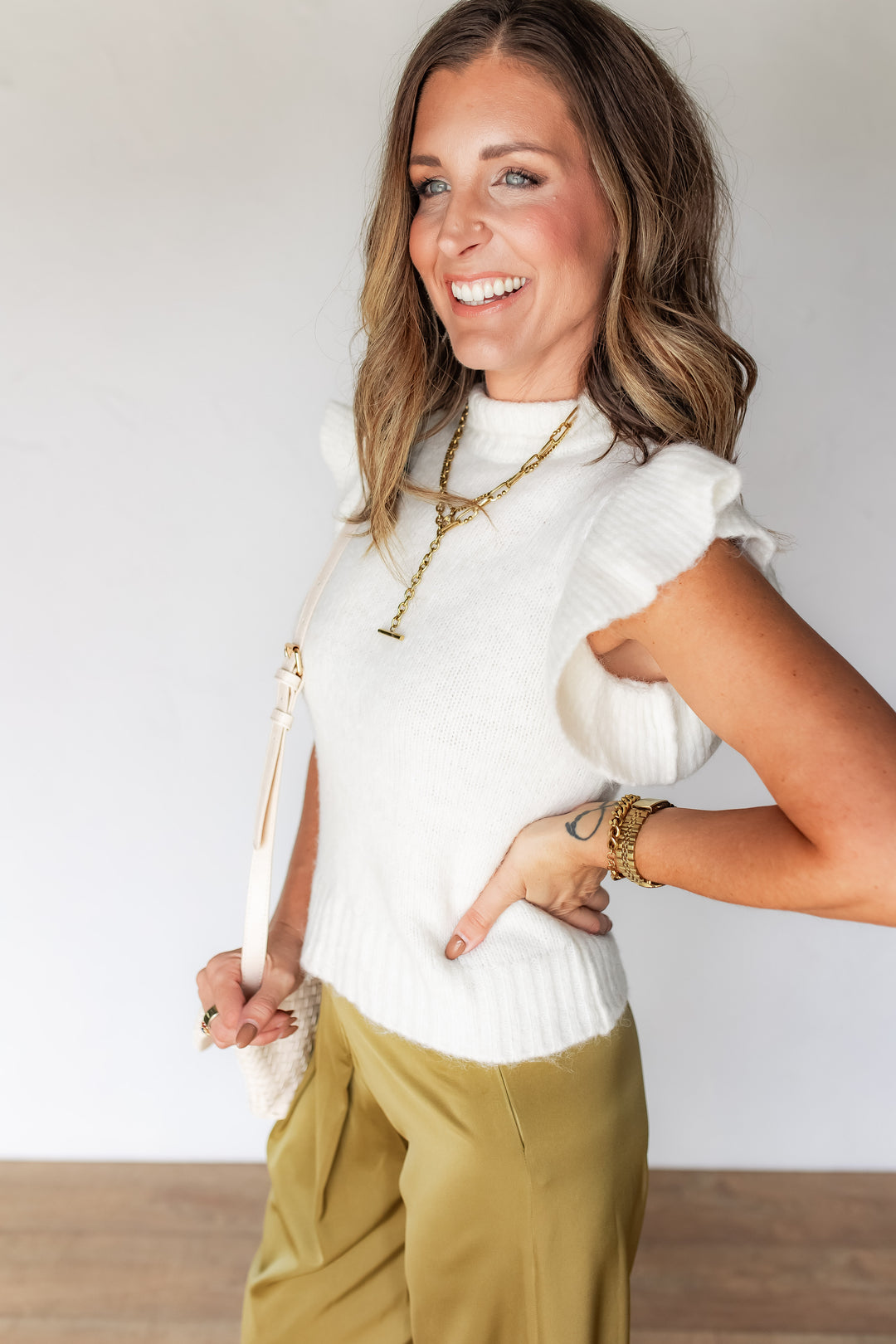 The Ada Ruffle Sleeve Sweater - Cream - One Eleven Olive Boutique