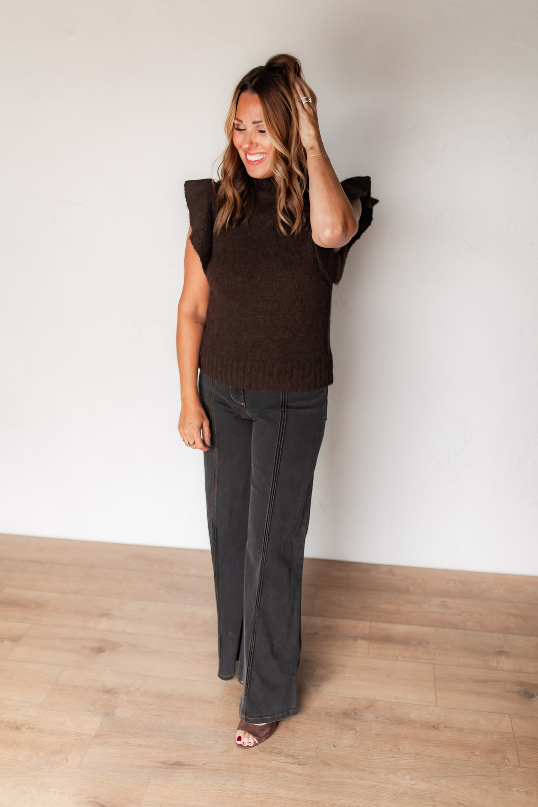 The Ada Ruffle Sleeve Sweater - Brown - One Eleven Olive Boutique