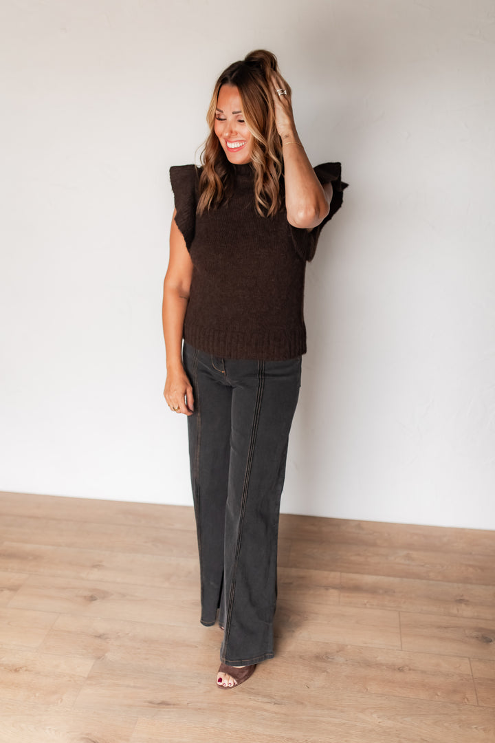 The Ada Ruffle Sleeve Sweater - Brown - One Eleven Olive Boutique