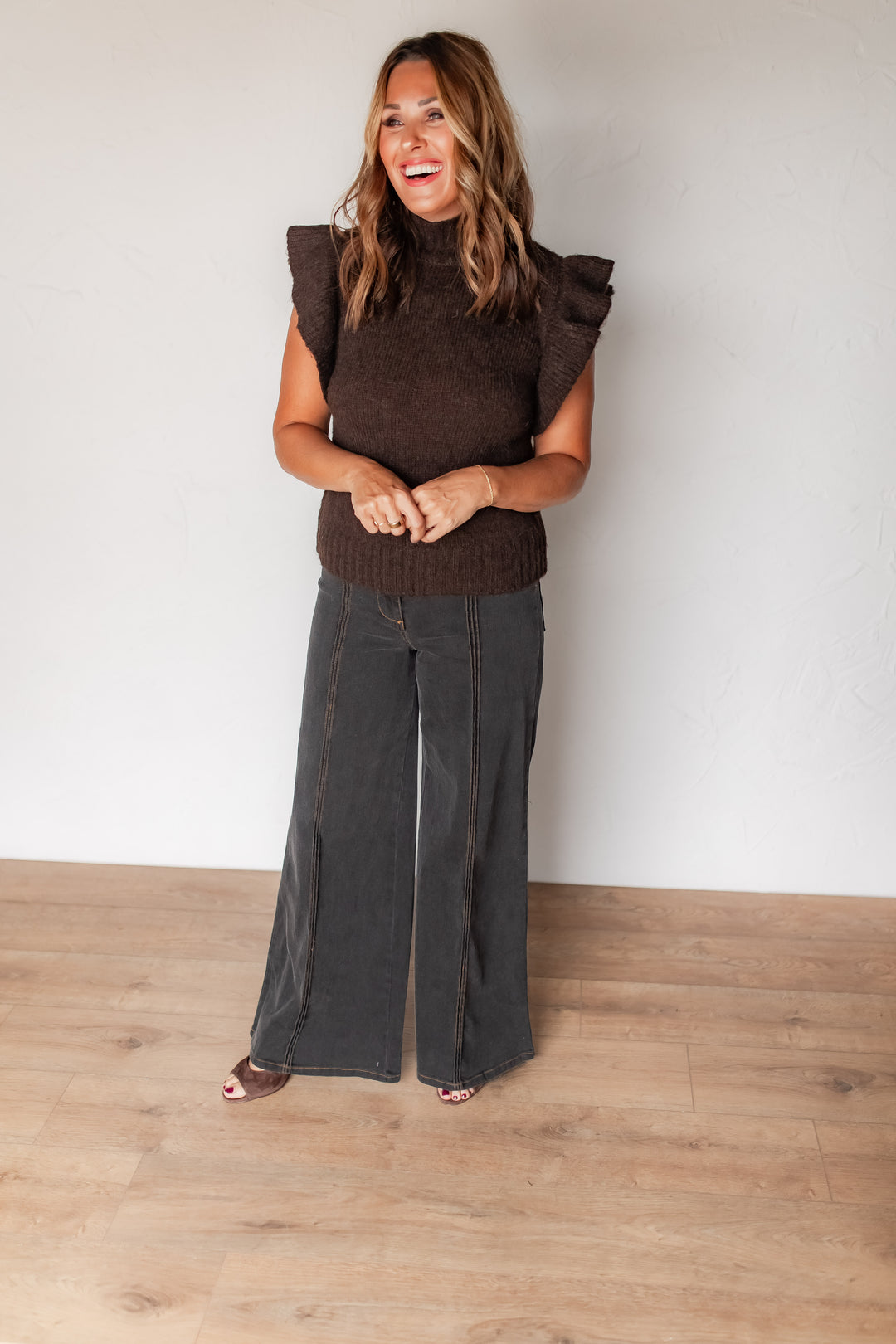 The Ada Ruffle Sleeve Sweater - Brown - One Eleven Olive Boutique