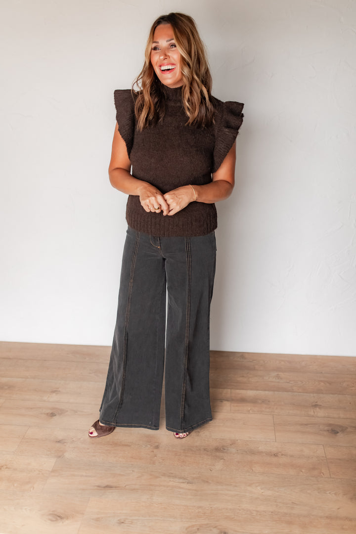 The Ada Ruffle Sleeve Sweater - Brown - One Eleven Olive Boutique