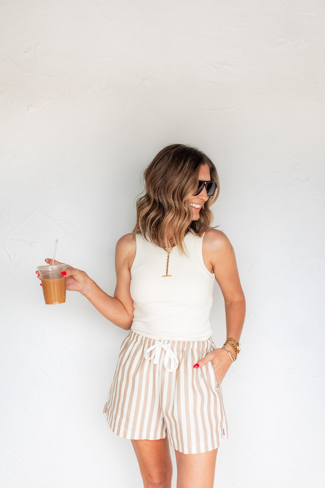 The Sorina Stripe Shorts - Taupe - One Eleven Olive Boutique