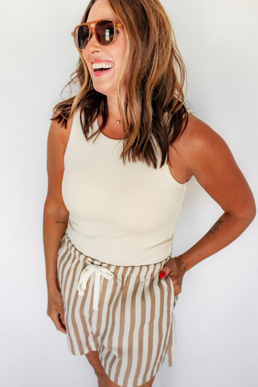 The Sorina Stripe Shorts - Taupe - One Eleven Olive Boutique