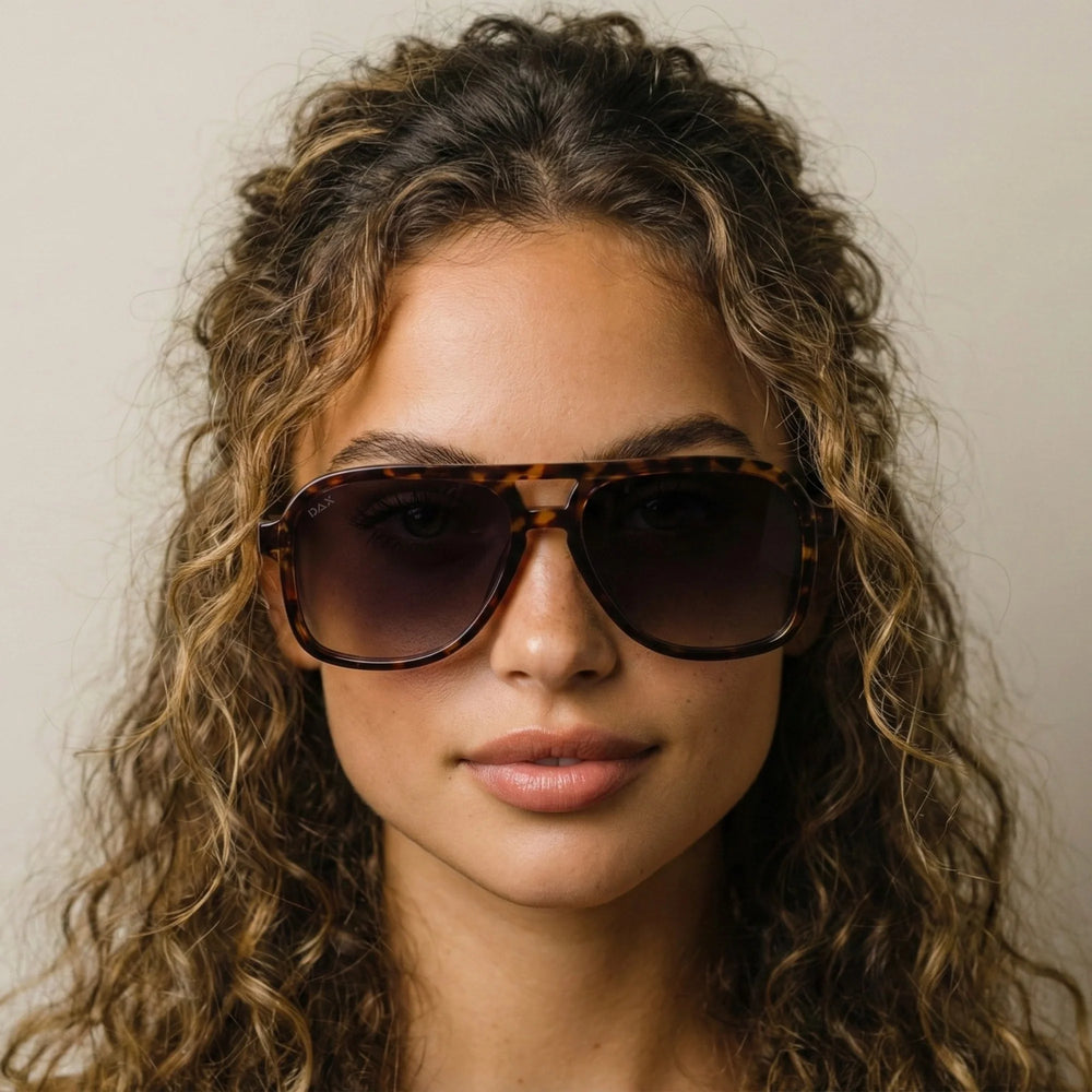 Woman wearing sunglasses with a neutral background