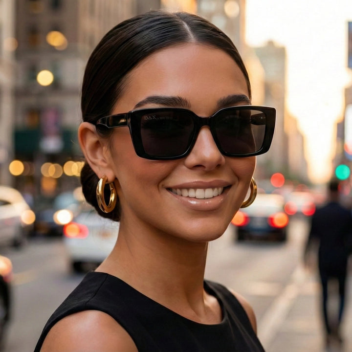 Woman wearing Nova black sunglasses on a city street