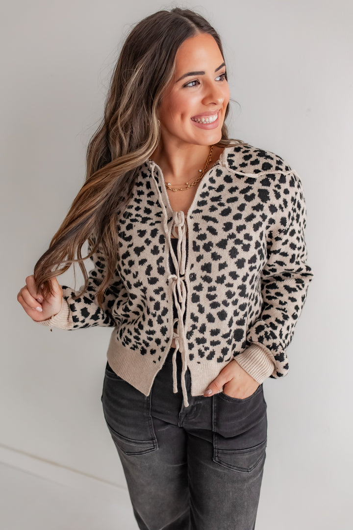 Alia leopard tie sweater top for women