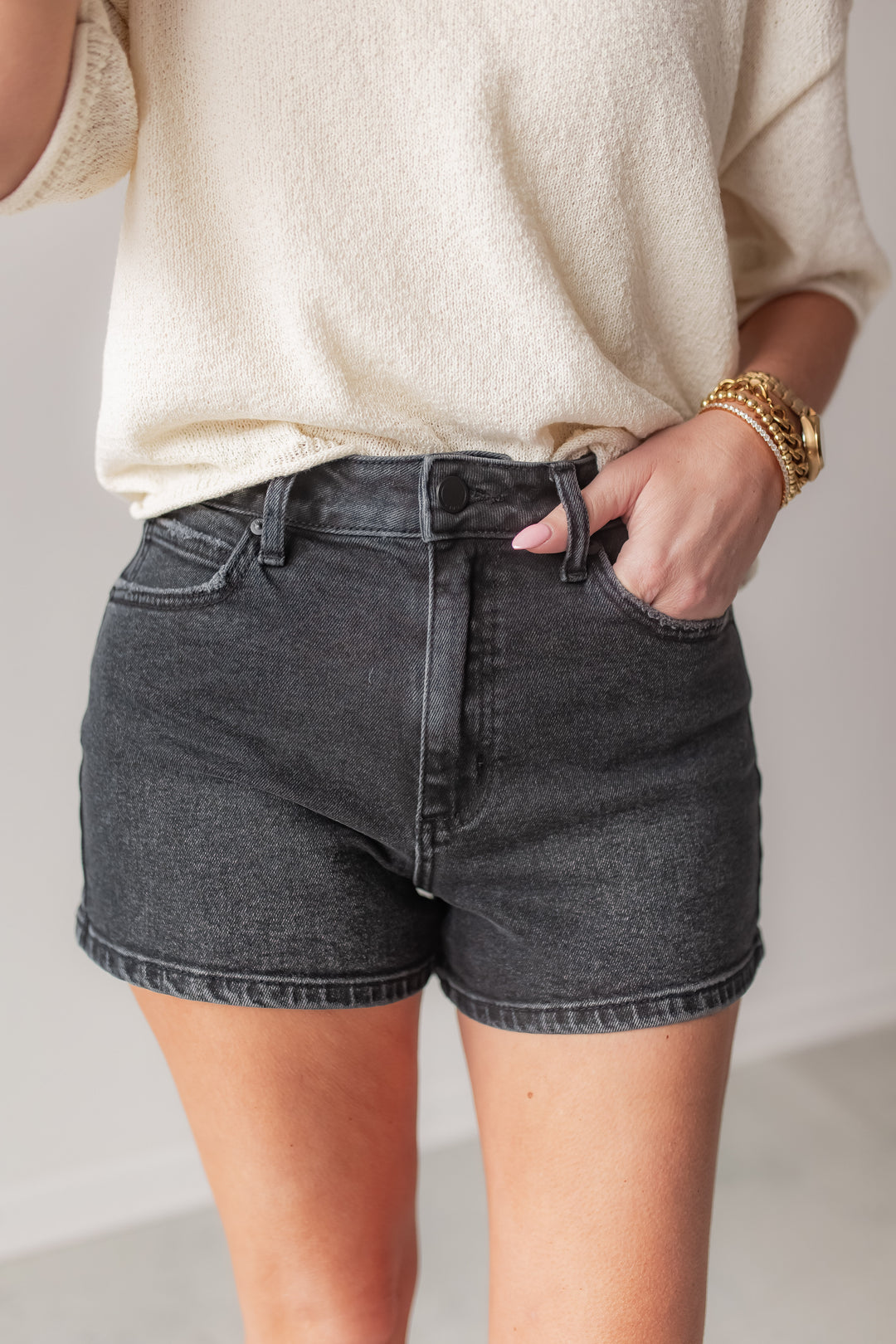 black high rise denim shorts with classic fit