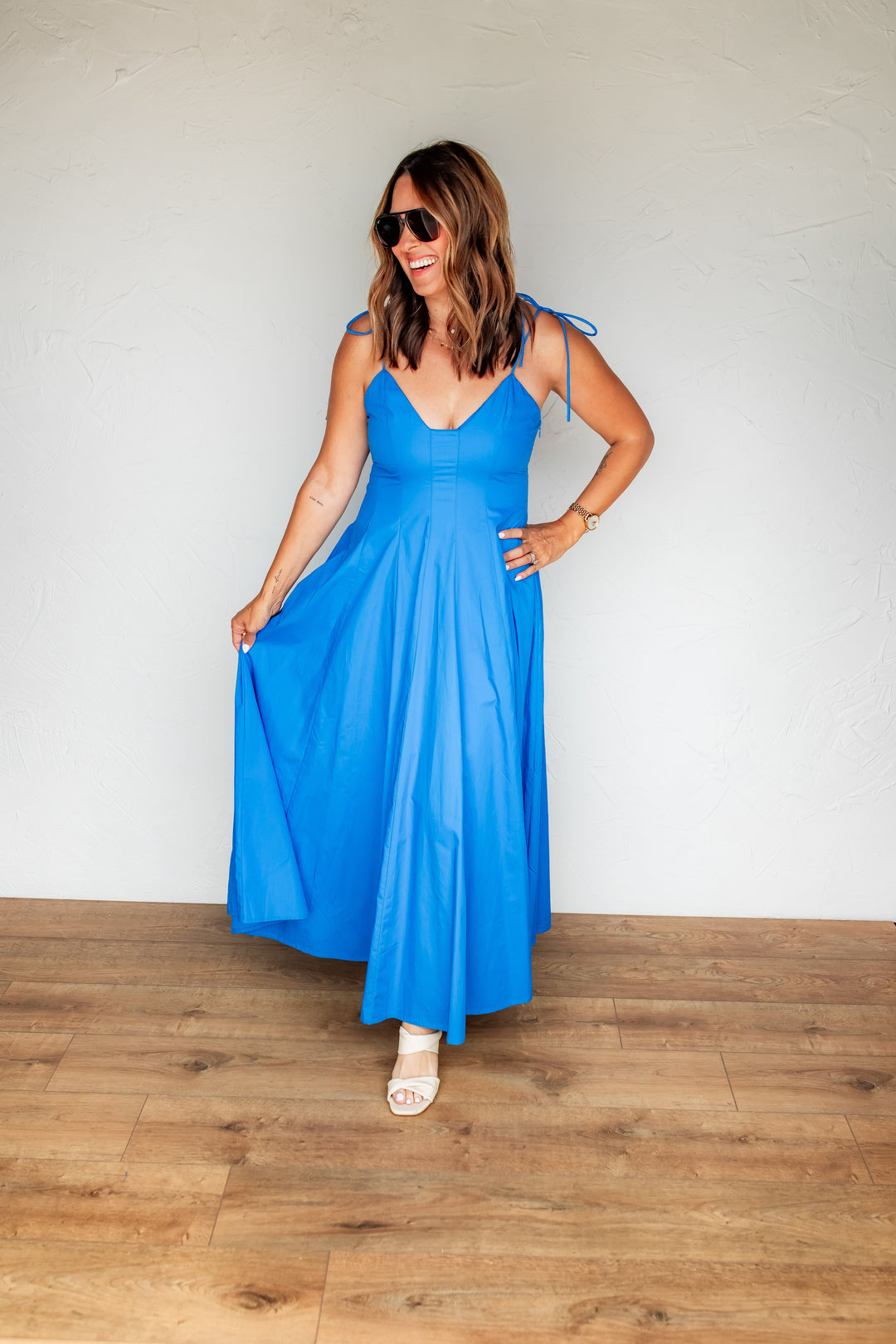 bright blue flowy maxi dress with tie straps for women summer outfit