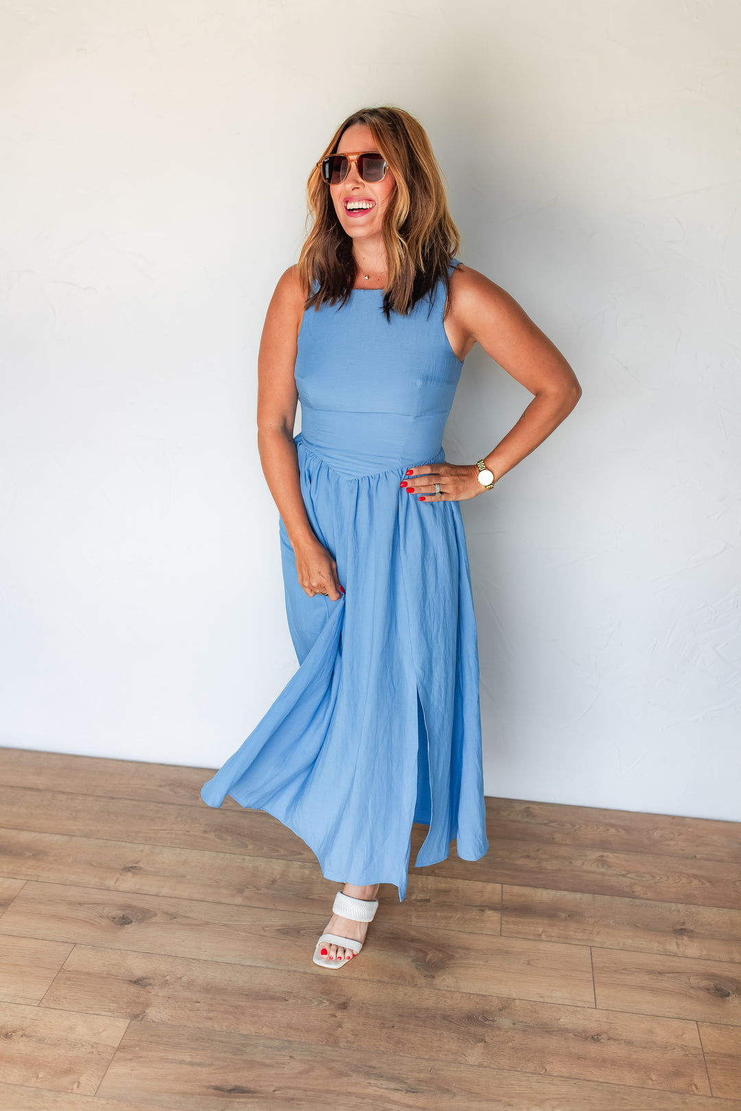 blue midi dress with open back tie detail