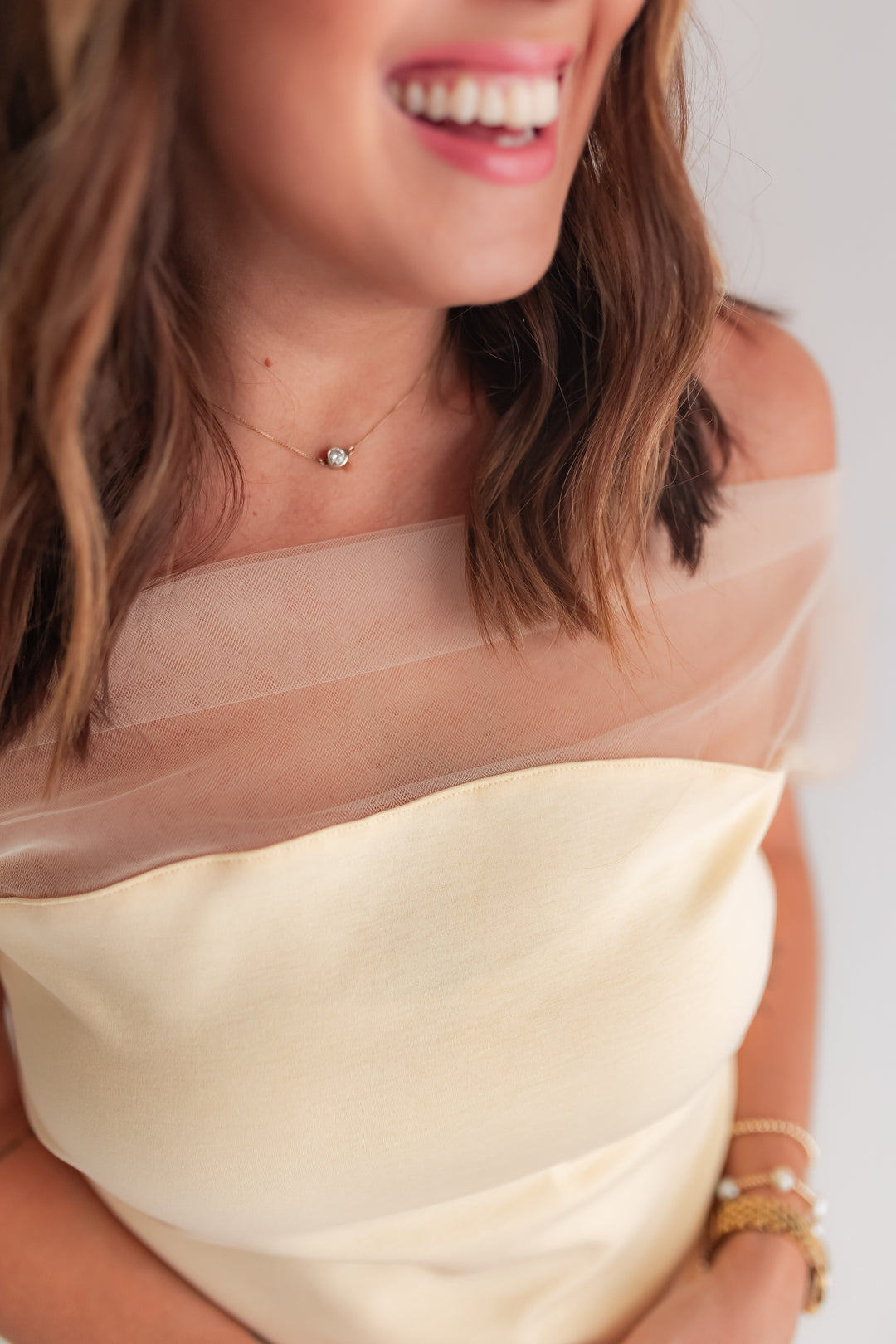 Close up of butter yellow mesh neckline detail on fitted cap sleeve top