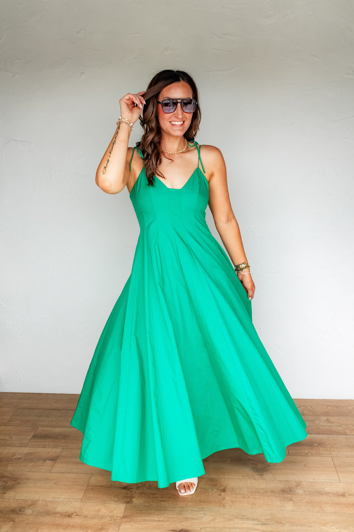bright green flowy maxi dress with tie straps for women summer outfit