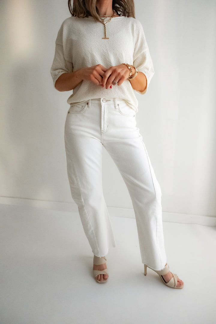 MICA creamy white super high rise barrel jeans with lightweight cream sweater. 