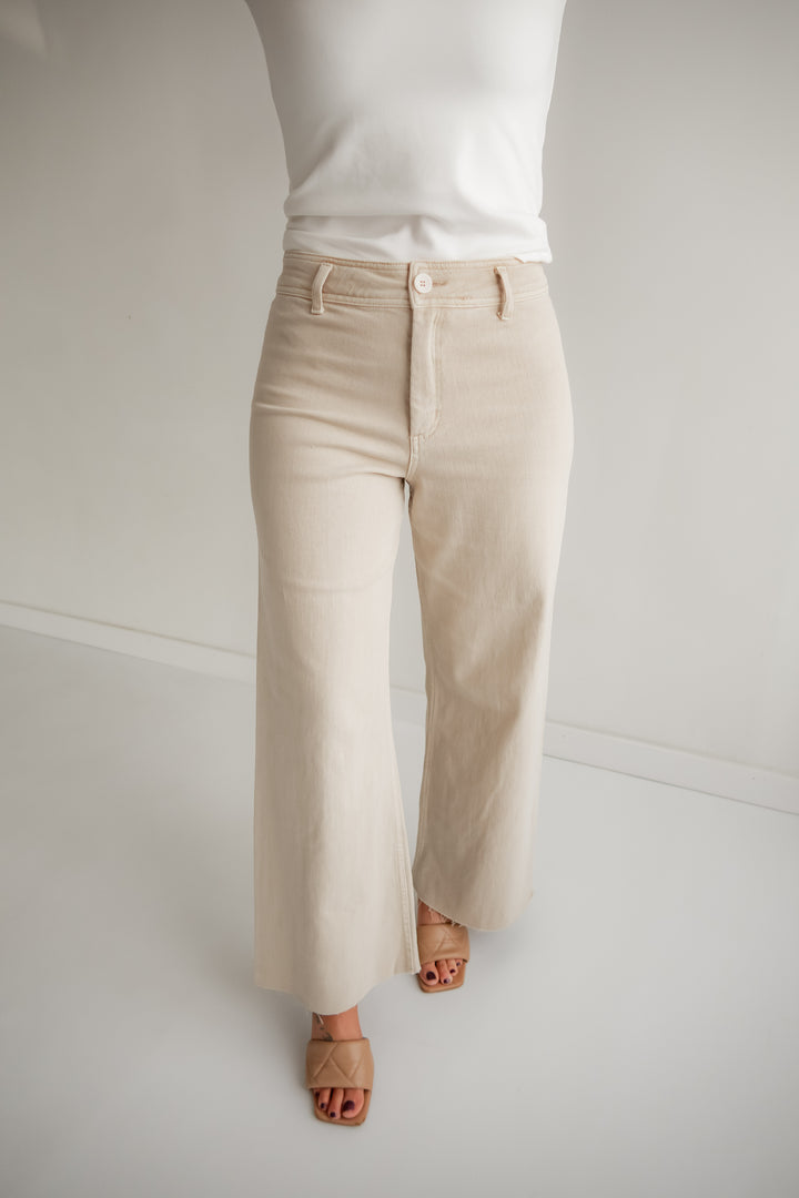 Ecru straight wide leg denim pants for women