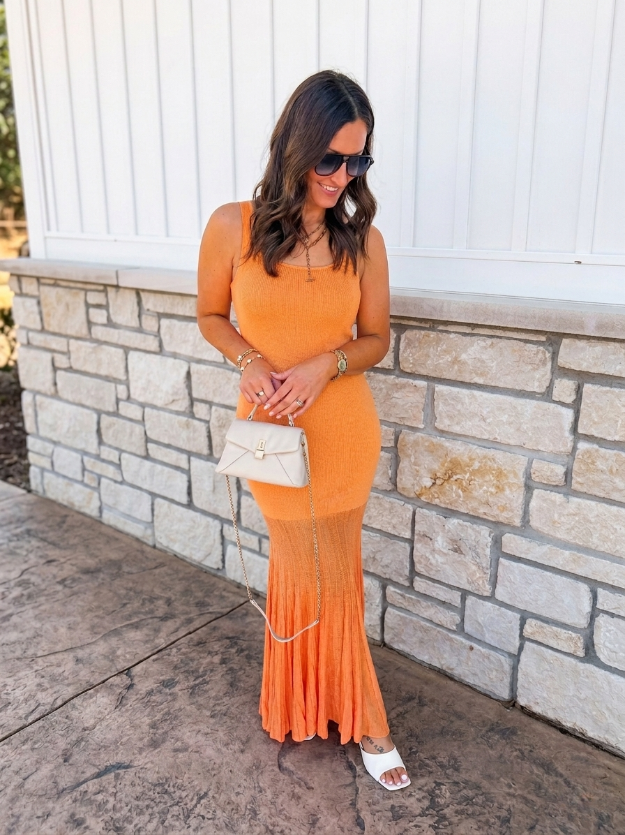 Orange fitted knit maxi dress with flared hem styled for a summer outfit