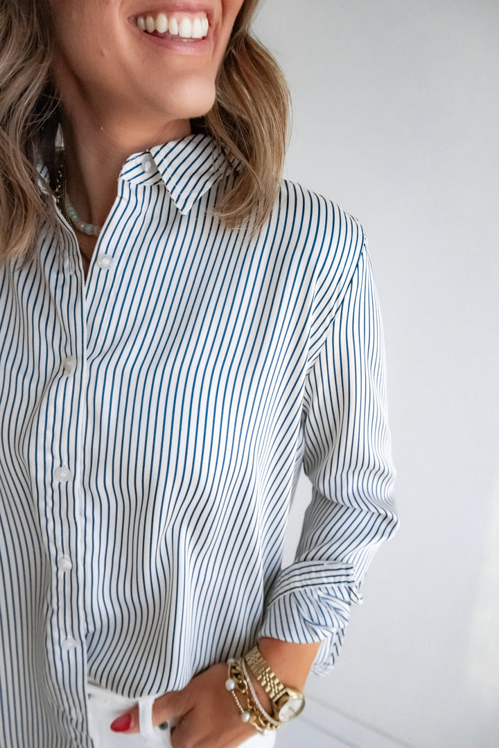 Navy white vertical stripe shirt women