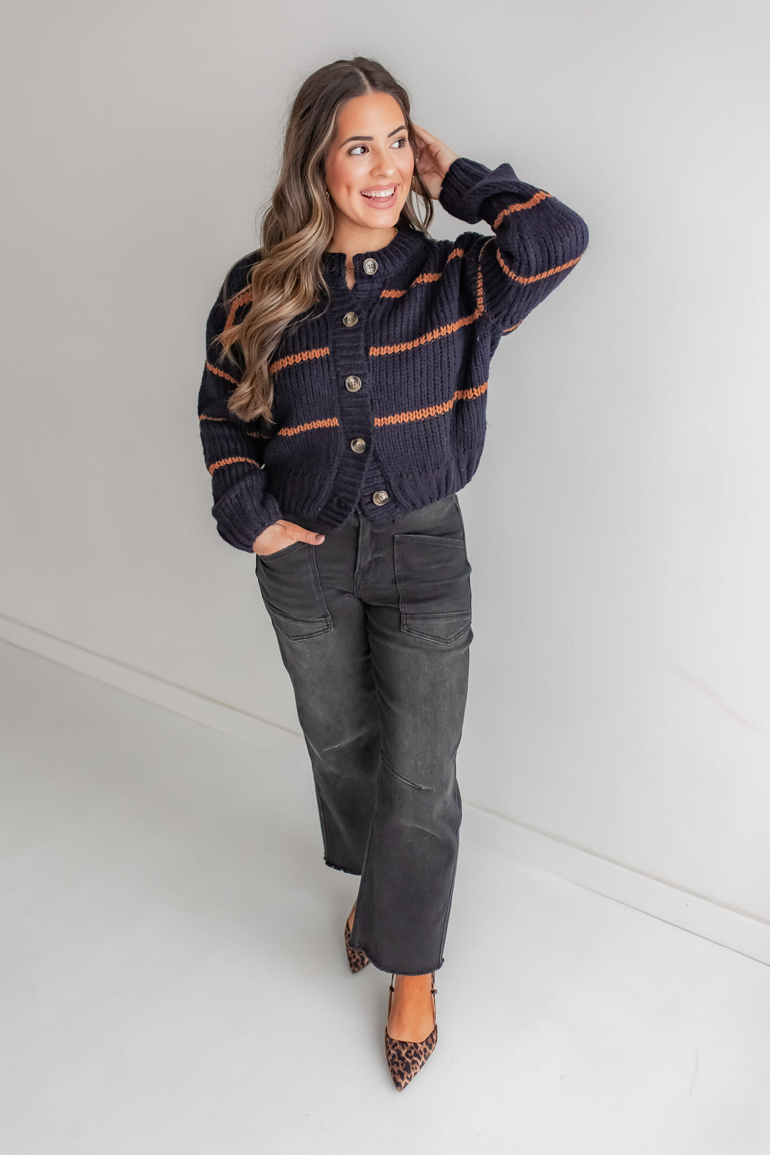 Chic striped button up sweater for fall & winter outfits