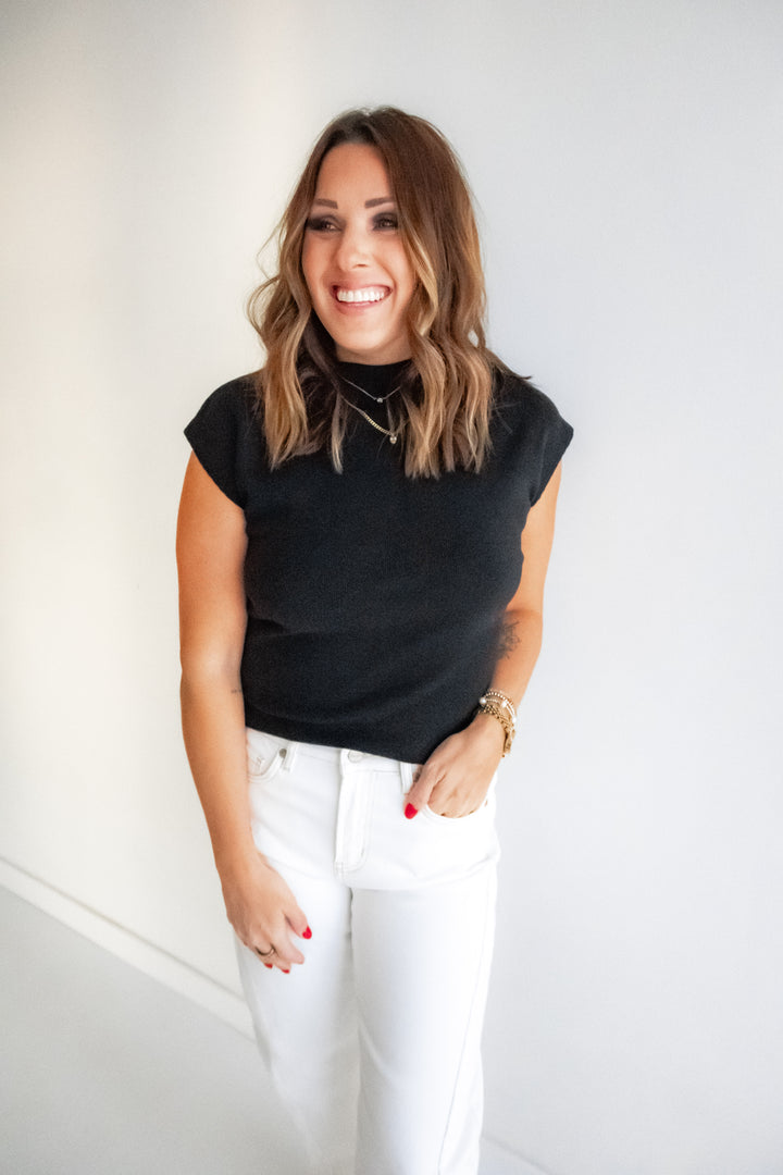 Black wide neckline cap sleeve top for women