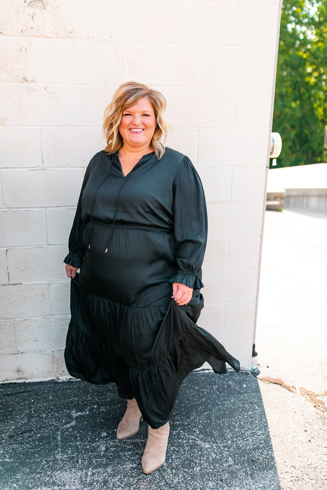 One Eleven Olive Boutique The Marlee Dress - Black (XS - 3XL) Black satin is sooo much better than regular plain black, amiright?! A classic piece that will be perfect for family pictures, weddings, and everything in between th