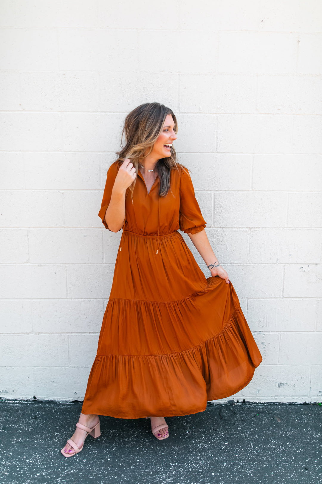 One Eleven Olive Boutique The Marlee Dress - Toffee (XS - 3XL) 
Toffee satin is sooo much better than regular plain toffee, amiright?! A classic piece that will be perfect for family pictures, weddings, and everything in between